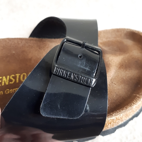 BIRKENSTOCK / 37, 6 / Women's Madrid Patent Faux Leather Cork Sandals - Black - Picture 4 of 10
